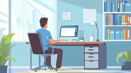 Aufkleber - A person working at a desk with a computer in a modern office setting.