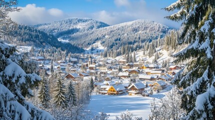 Poster - A picturesque snowy village nestled in the mountains, showcasing winter beauty and tranquility.