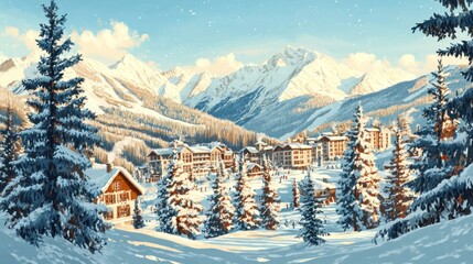 Poster - A picturesque winter landscape featuring snow-covered mountains and a cozy village.