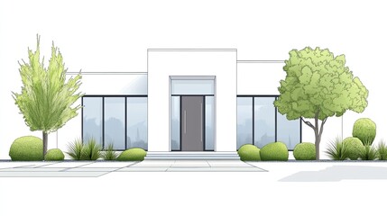 Leinwandbilder - Contemporary minimalist house vector with geometric shapes, a centered door, and two equal-sized windows.