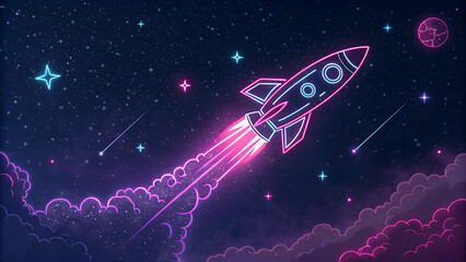 Wall Mural - Retro Rocket Launching into a Starry Space Night Sky Scene