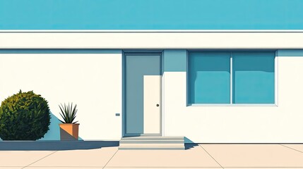 Leinwandbilder - Contemporary minimalist house vector with geometric shapes, a centered door, and two equal-sized windows.