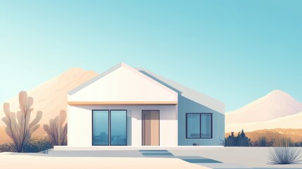 Leinwandbilder - Contemporary minimalist house vector with geometric shapes, a centered door, and two equal-sized windows.