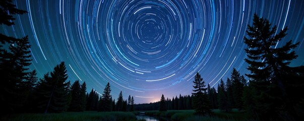 Wall Mural - star trails above polaris north star in a forest canopy, night sky, northern lights, star trails