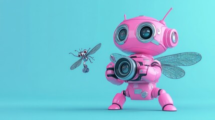 Poster - A pink robot with wings holds a camera, capturing a flying insect in a vibrant setting.