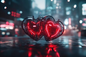 Aufkleber - Two glowing cyberpunk-style hearts connected by pulsating neon wires, set in a futuristic cityscape with holographic elements