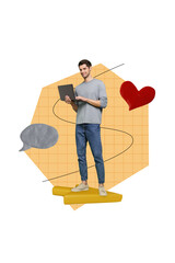 Aufkleber - Picture advert collage new dating app chat young boyfriend matches receive like heart feedback find soulmate isolated on gray background