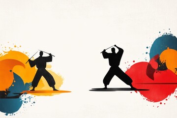 Poster - A 2D flat design of a kung fu tournament scene, with fighters and judges drawn in vibrant colors on a clean white backdrop