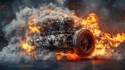 Aufkleber - A powerful engine bursting through smoke and flames, showcasing dynamic energy and speed.