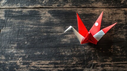 Poster - A red and white origami crane on a rustic wooden surface.
