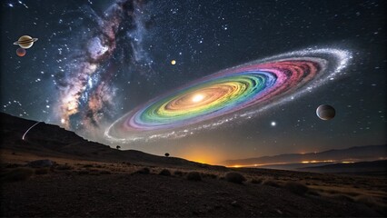 Wall Mural - Rainbow Vortex in Night Sky with Shimmering Stardust. Perfect for: Pride events, cosmic celebrations, New Year