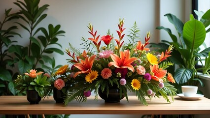 A vibrant floral display in a chic urban cafe with potted plants and flowers