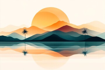 Aufkleber - A flat illustration of an oasis ksar with clean lines and muted desert tones, emphasizing the water and palm trees