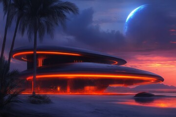 Leinwandbilder - A futuristic ksar with glowing edges and hovering structures, set by an oasis that emits a radiant blue light in the desert