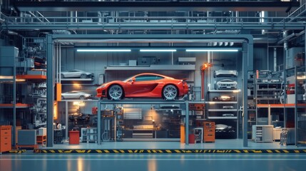 Poster - A red sports car displayed in a modern industrial workshop with various vehicles.