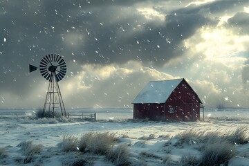 Wall Mural - A beautiful red barn in the distance, with an old windmill next to it on a snowy farm landscape. The sky is cloudy and has sunbeams shining through