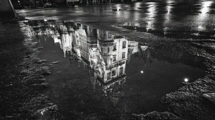 Aufkleber - A reflective puddle showcases a building in a moody, black-and-white urban scene.