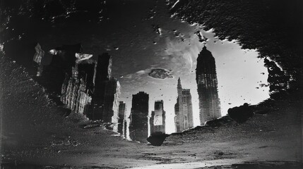 Poster - A reflective puddle captures a city skyline in a dramatic monochrome setting.