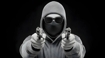 Masked Gunman Threatening, Dark Background, Crime Scene, Fear, Stock Photo for News.