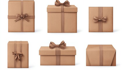 collection of six gift boxes wrapped in brown paper and ribbons