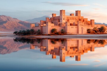 Poster - A hyper-realistic view of a ksar by an oasis, with intricate details on the mudbrick walls, clear reflections in the water, and golden desert light