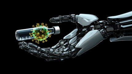 Poster - A robotic hand holds a vaccine vial with a virus illustration, symbolizing health and technology.