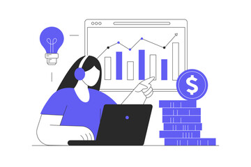 Poster - Business and finance concept. Character calculating financial income and analyzing graph, brainstorming investment ideas for profit development. Flat Cartoon Vector Illustration, icon. Stylish 