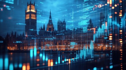 Wall Mural - A parliament building juxtaposed with a digital financial graph, symbolizing market trends and economic policies.