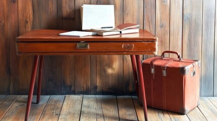 Poster - A rustic wooden desk with books and a vintage suitcase, evoking a nostalgic atmosphere.
