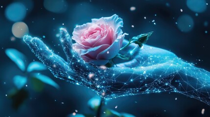 Poster - A rose held by a digital hand, symbolizing balance between nature and technology in a futuristic blue setting.
