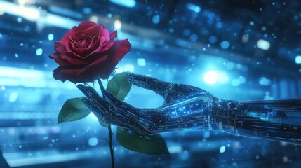 Poster - A rose held by a digital hand, symbolizing balance between nature and technology in a futuristic blue setting.