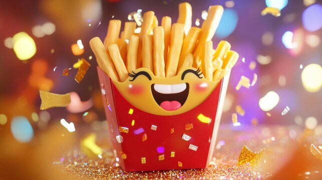 A quirky fries carton character winking, surrounded by sparkles and fun doodles.