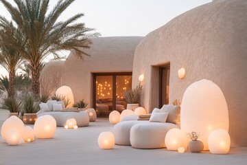 Poster - A magical ksar surrounded by glowing orbs and mystical creatures, with its walls radiating a soft golden light under a vivid desert moon