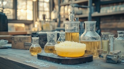 Poster - A scientific setup showcasing cetyl esters wax, with glass jars and beakers in a lab-like setting.