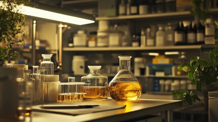 Poster - A scientific setup showcasing cetyl esters wax, with glass jars and beakers in a lab-like setting.