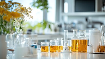 Poster - A scientific setup showcasing cetyl esters wax, with glass jars and beakers in a lab-like setting.