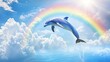 © Pricha.RT - A serene scene of a dolphin leaping beneath a bright rainbow, with soft white clouds framing the view.