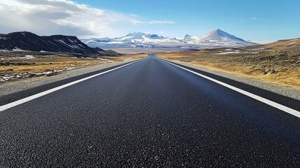 Poster - A scenic road stretching towards snow-capped mountains under a clear blue sky.