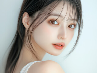 Fototapete - 美肌の若くて可愛いアジア人女性モデルの美容ポートレート。ナチュラルメイクの可憐な女性。