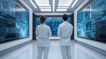 Poster - Medical Professionals Analyzing Digital Data in High-Tech Laboratory with Advanced Technology Displays and Sleek Modern Design Environment