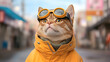© Lailatul - Stylish cat in goggles and jacket exploring city street.