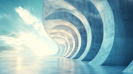 Poster - A serene architectural landscape with curved concrete structures and a tranquil atmosphere.