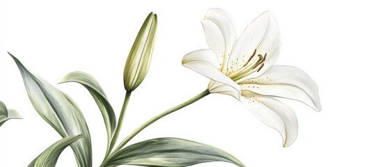 Wall Mural - white lily with a single bud on a stem, botanical illustration