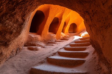 Poster - A realistic view of the narrow staircases inside a ksar, with the light filtering through small openings in the walls
