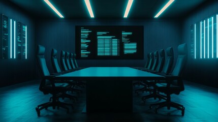 Poster - Futuristic Conference Room with Neon Lighting and High-Tech Displays Featuring a Long Table Surrounded by Executive Chairs in a Dark Setting