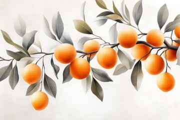 Leinwandbilder - A single kumquat branch sketched in minimalist detail, set against a light gray background