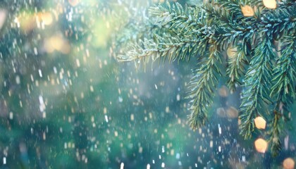 Poster - Snow Dusted Evergreen Pine Branches Glowing in Winter Sunlight with Festive Bokeh Background Perfect for Holiday Themes