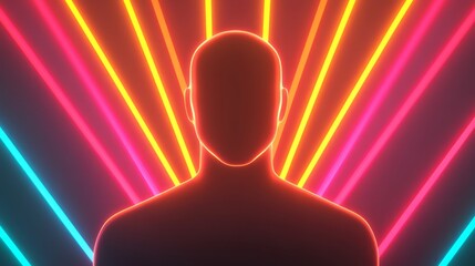 Poster - Futuristic Silhouette Against Vibrant Neon Rays with Bright Colorful Lights Creating a Dynamic and Energetic Mood in a Digital Art Style