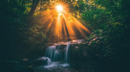 Poster - A serene forest scene with sunlight streaming through trees onto a tranquil waterfall.