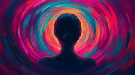Poster - Abstract Portrait of a Woman Silhouette with Vibrant Swirling Colors Surrounding Her, Representing Creativity, Inspiration, and Inner Thoughts in Modern Art Style